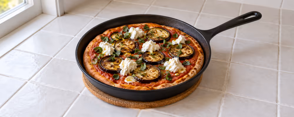 Eggplant, Ricotta & Mint Skillet Pizza