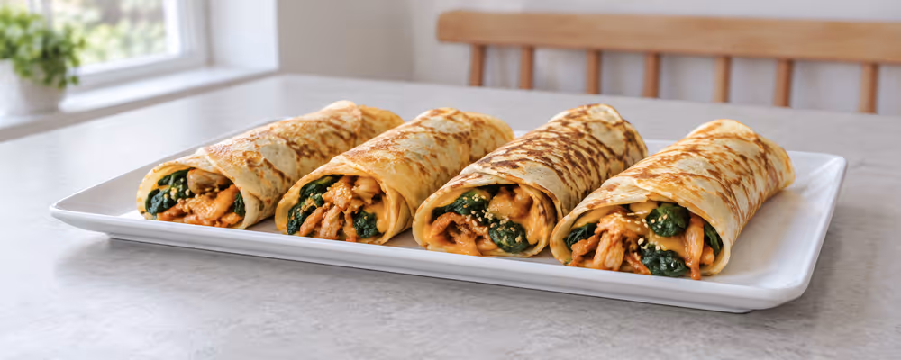 Kimchi, Spinach & Cheddar Crêpes