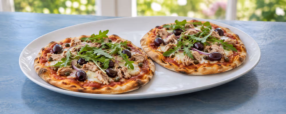 Tuna, Olive & Arugula Pizzas