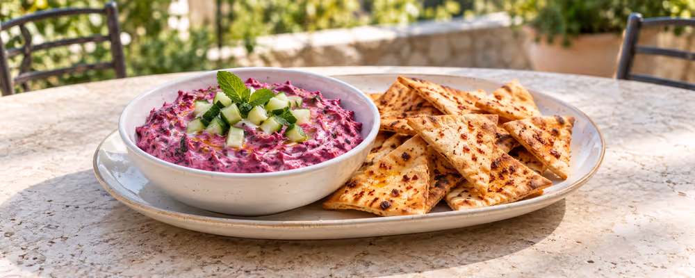 Minty Beet Yogurt Dip with Chili Pita Chips